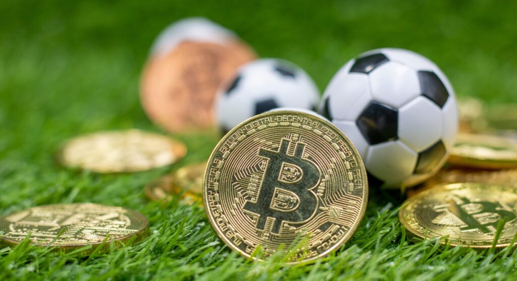 Bitcoin-style coins and mini footballs